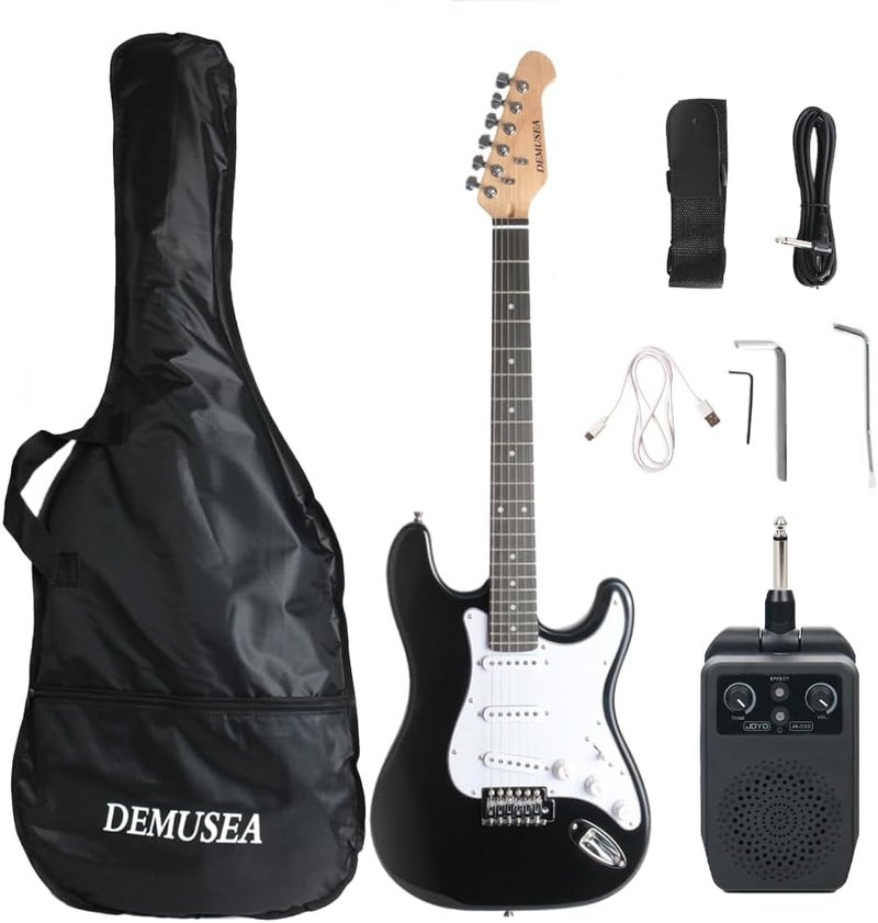 demusea Full size electric guitars kit package black color single tremolo bridge with 5W amp plug in charging amplifier portable travel amp set practice for beginner starter with strap gigbag bundle (BKST-30) - Image 1